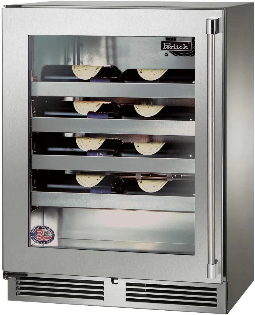 Perlick Signature Series Shallow Depth 18" Depth Outdoor Wine Reserve With Stainless Steel Glass Door, Hinge Left, With Lock HH24WO-4-3LL 1 Perlick Signature Series Shallow Depth 18" Depth Outdoor Wine Reserve With Stainless Steel Glass Door, Hinge Left, With Lock HH24WO-4-3LL